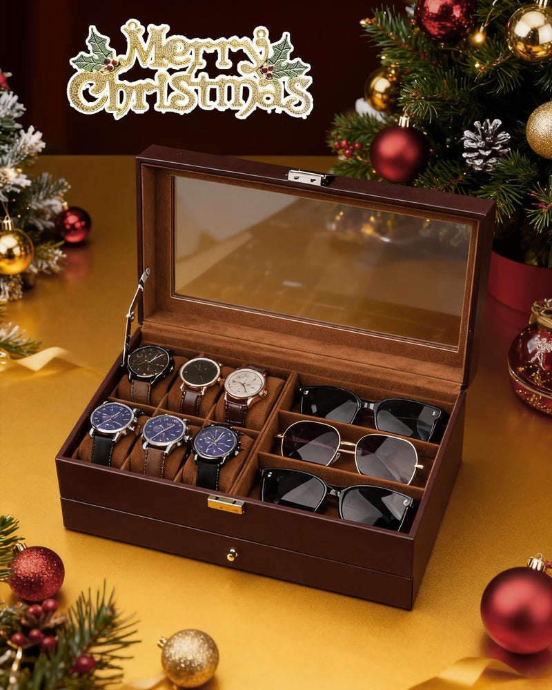 Jenseits Watch Organizer & Jewelry Box for Men – 6 Watch Slots, 3 Sunglass Slots, Drawer for Rings, Bracelets & Cufflinks, 2-Layer Leather Watch Display Case w/Glass Lid, Gift for Men & Women, Brown - Image 3